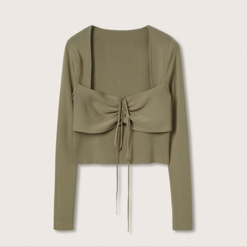NewMango Olive Green Tie-Front Long Sleeve Crop Top - Picture 5 of 6